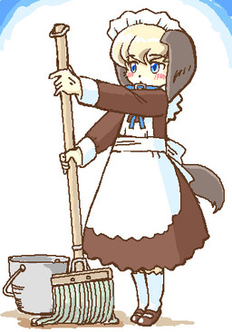 5_fingers anthro biped blonde_hair blue_eyes blush bucket cleaning_tool clothing container female fingers footwear fur grey_body grey_fur hair holding_object humanoid_hands kemono legwear maid_uniform mary_janes mop shoes simple_background socks solo standing tail uniform white_background white_body white_fur kin-shun mai_(kin-shun) canid canine canis domestic_dog mammal aliasing cel_shading digital_media_(artwork) low_res shaded
