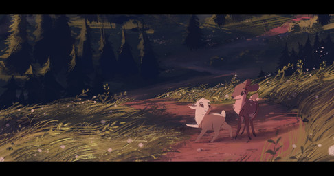 2_horns ambiguous_gender black_bars cloud duo evergreen_tree feral forest fur grass hair horn inner_ear_fluff mountain multicolored_body multicolored_fur outside path pine_tree plant quadruped short_hair shrub sky spots tail tree tuft white_body white_fur wind itsdanfango ansel_(itsdanfango) olive_(itsdanfango) bovid caprine deer goat mammal 2017 hi_res letterbox