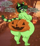 anthro big_breasts big_butt breasts butt female green_body green_hair hair holidays huge_butt huge_hips huge_thighs overweight overweight_anthro overweight_female painting public public_nudity pumpkin_butt red_eyes short_stack solo text thick_thighs wide_hips sprigatitoartz halloween nintendo pokemon samantha_(sprigatitoartz) felid generation_9_pokemon mammal pokemon_(species) sprigatito english_text hi_res