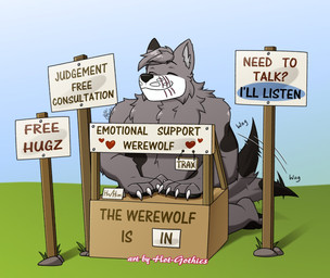 abstract_background anthro booth booth_(structure) eyes_closed grass heart_after_text heart_before_text heart_symbol male mouth_closed name_tag plant pronouns rock sign solo tail tail_motion tailwag text text_with_heart vendor_stand hot-gothics mythology canid canine canis mammal mythological_canine mythological_creature werecanid werecanine werecreature werewolf wolf 2021 english_text hi_res