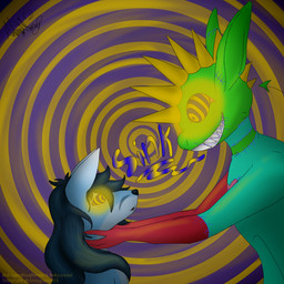 anthro demon_plush dialogue duo eye_contact face_in_hands half-closed_eyes harp_(fledgedragonfox) holding_partner's_head hypnosis hypnotic_eyes looking_at_another male male/male mind_control narrowed_eyes plushie ringed_eyes simple_background stitch_(sewing) fledgedragonfox kinktober kinktober_2025 fledge_(fledgedragonfox) animate_inanimate canid canine demon fox humanoid hybrid living_plushie mammal 1:1 2025
