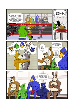 annoyed anthro black_body black_fur bleachers blue_body bodily_fluids boxers_(clothing) clothed clothing dialogue fighting_ring fur green_body grey_body grey_fur group humor kissing male male/male multicolored_body muscular muscular_male nipples orange_body orange_fur smile smirk suggestive sweat sweatdrop text topless topless_anthro topless_male two_tone_body underwear wrestling hunter-husky nintendo star_fox bill_grey falco_lombardi fox_mccloud leon_powalski panther_caroso peppy_hare slippy_toad wolf_o'donnell amphibian avian bird canid canine canis chameleon cougar domestic_dog falcon falconid felid feline fox frog galliform hare lagomorph leporid lizard mammal pantherine phasianid reptile scalie toad_(frog) wolf comic english_text hi_res