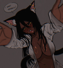 black_hair blush blush_lines breasts cleavage clothed clothing female hair looking_at_viewer navel navel_piercing open_mouth piercing shirt solo topwear yellow_eyes crystalsugarstars random_cat_girl domestic_cat felid feline felis humanoid mammal 2023 hi_res