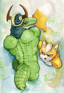 anthro bite butt duo fur green_body green_eyes male male/male nom nude orange_body orange_fur partially_submerged red_sclera skinny_dipping swimming tail tail_bite tail_in_mouth water ulala_ko nintendo star_fox fox_mccloud general_scales canid canine fox mammal scalie sharpclaw_(star_fox) hi_res painting_(artwork) traditional_media_(artwork) traditional_painting_(artwork) traditional_watercolor_(artwork) watercolor_(artwork)
