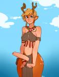 antlers blonde_hair bottomwear breasts cleavage clothed clothing erection foreskin genitals green_eyes gynomorph hair horn intersex loincloth looking_at_viewer navel penis solo r4 battlerite blossom_(battlerite) deer faun mammal