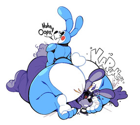 3_toes anthro big_butt black_nose blue_body bottom_heavy butt butt_crush cotton_tail countershade_butt countershade_face countershading destruction dialogue duo eyelashes feet green_eyes huge_butt huge_hips laugh long_ears machine male male/male obese obese_anthro obese_male onomatopoeia overweight overweight_anthro overweight_male pain purple_body red_eyes rosy_cheeks simple_background sitting sitting_on_another small_waist smile snout sound_effects talking_to_another text thick_thighs toes white_background white_body white_countershading wide_hips boot_(artist) five_nights_at_freddy's five_nights_at_freddy's_2 scottgames bonnie_(fnaf) toy_bonnie_(fnaf) animatronic lagomorph leporid mammal rabbit robot 2023 colored english_text