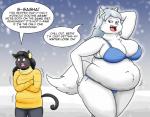 anthro bikini breasts clothed clothing coat dialogue duo female fully_clothed obese overweight snow swimwear text topwear two-piece_swimsuit chocend beth_(lordstormcaller) sasha_(lordstormcaller) canid canine canis domestic_cat felid feline felis mammal wolf english_text hi_res