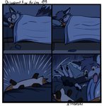 anthro bed bedding blanket bodily_fluids crying drama dramatic fur furniture grey_body grey_fur male plushie sad solo tears starrffax canid canine fox mammal comic hi_res