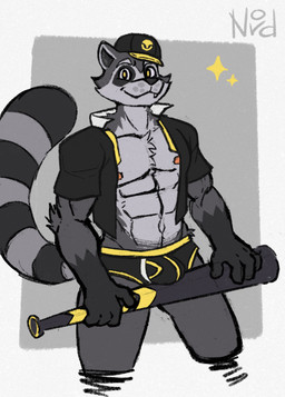 abs anthro baseball_bat baseball_cap bat_(object) black_briefs black_clothing black_shirt black_topwear black_underwear border briefs bulge clothed clothing fur gloves_(marking) grey_background grey_body grey_fur hat headgear headwear holding_baseball_bat humanoid_hands looking_at_viewer male markings muscular muscular_anthro muscular_arms muscular_male navel open_clothing open_shirt open_topwear pecs ring_(marking) ringed_tail shirt simple_background solo striped_markings striped_tail stripes tail tail_markings topwear underwear white_border yellow_eyes nordicecream honkai:_star_rail mihoyo mammal procyonid raccoon digital_drawing_(artwork) digital_media_(artwork) english_description hi_res