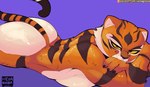 anthro back_muscles bedroom_eyes big_butt black_nose breasts brown_body brown_fur butt female fur glistening glistening_breasts glistening_butt inner_ear_fluff looking_at_viewer lying markings narrowed_eyes nude on_front orange_body orange_fur purple_background red_eyes seductive simple_background solo striped_markings striped_tail stripes tail tail_markings text tuft white_body white_fur wide_hips yellow_sclera hexagooba dreamworks kung_fu_panda master_tigress felid mammal pantherine tiger 2024 artist_name url