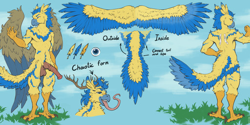 animal_genitalia animal_penis anthro blue_body equine_genitalia equine_penis feathered_wings feathers genitals group horn male penis text tongue tongue_out wings yellow_body reaper3d avian absurd_res english_text hi_res model_sheet