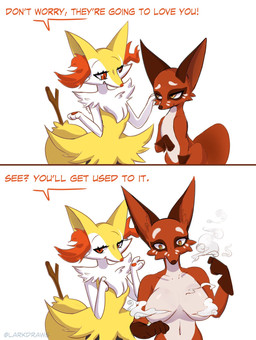 anthro body_size_growth breast_growth breasts convenient_censorship countershading dialogue duo eyelashes female female/female feral feral_to_anthro fur growth inner_ear_fluff looking_at_viewer orange_eyes simple_background size_transformation smile stick text transformation tuft white_background white_body white_fur yellow_body yellow_fur larkdraws nintendo pokemon braixen canid canine generation_6_pokemon generation_8_pokemon mammal nickit pokemon_(species) 2019 english_text hi_res