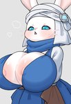 anthro big_breasts blush blush_lines bodily_fluids breasts bulging_breasts clothed clothing female headgear headwear open_mouth simple_background solo sweat tokumori_kaisen final_fantasy final_fantasy_xiv final_fantasy_xiv:_endwalker square_enix lagomorph leporid loporrit mammal rabbit hi_res