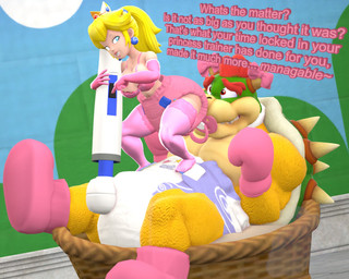 anthro blonde_hair blue_ear_ring blue_eyes clothing crown dialogue diaper diaper_fetish diaper_in_face duo erection erection_in_diaper female gloves hair handwear headgear humiliation in_basket lingerie male male/female multicolored_body object_in_mouth pacifier pacifier_in_mouth pink_booties pink_clothing pink_gloves pink_handwear pink_lingerie red_eyes red_hair sex_toy teasing text vibrator wallpaper_(decoration) wand_vibrator yellow_body bootypatootie mario_bros nintendo bowser princess_peach human mammal reptile scalie turtle english_text hi_res