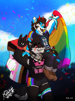 anthro black_body black_ears black_eyes black_fur black_nose black_pawpads boots bottomwear bracelet brown_hair celebration clothing cloud confetti day duo ear_piercing ear_ring eyes_closed fangs flag flag_(object) footwear fur furgonomic_bottomwear furgonomics hair holding_flag holding_object horn huge_flag jewelry kerchief kerchief_on_arm kerchief_on_leg laces lgbt_pride makeup male male/male neckerchief neckwear open_mouth pants pawpads piercing pride_color_accessory pride_color_clothing pride_color_flag pride_colors pride_parade progressive_pride_flag protect_the_dolls red_horn ring_(jewelry) ring_piercing romantic romantic_couple shemagh shirt shoes shorts sitting sitting_on_another sitting_on_shoulders sky spiked_bracelet spikes tail teeth text text_on_clothing text_on_shirt text_on_topwear topwear torn_clothing transgender_pride_colors mrdarknesswolf british_broadcasting_corporation doctor_who lgbt_pride_month dantalos mrdarknesswolf_(character) demon hybrid 3:4 artist_name hi_res signature