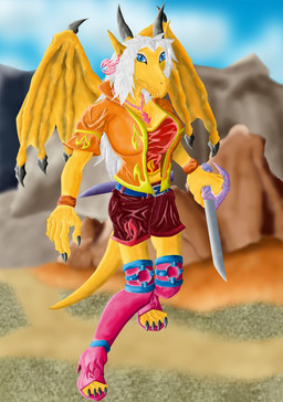 accessory anthro belt big_breasts blue_sky boots bottomwear breasts claws clothed clothing ear_piercing ear_ring fangs female footwear hair horn melee_weapon mountain pants piercing ring_piercing scabbard shoes sky smile solo sword tail teeth weapon white_hair wings wristband kisuzu_rumina mythology dragon mythological_creature mythological_scalie scalie hi_res