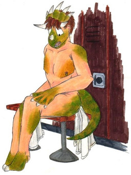 brown_hair claws facial_horn feral finger_in_mouth frilly green_body green_skin growth hair horn inside locker locker_bench locker_room looking_at_self looking_down male nose_horn nude open_mouth shocked snout snout_growth solo strategically_covered tail tail_growth teeth toe_claws towel transformation foxx ceratopsian dinosaur human mammal ornithischian prehistoric_species reptile scalie triceratops