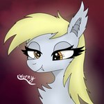abstract_background alternate_form alternate_hairstyle bat_ears blonde_hair blonde_mane eyelashes fangs female feral fluffy fluffy_chest fur grey_body grey_fur hair inner_ear_fluff mane race_swap red_background simple_background smile solo teeth text three-quarter_view tuft yellow_eyes worny friendship_is_magic hasbro my_little_pony mythology derpy_hooves_(mlp) bat_pony equid equine horse mammal mythological_creature mythological_equine pony 2025 absurd_res digital_media_(artwork) hi_res portrait signature
