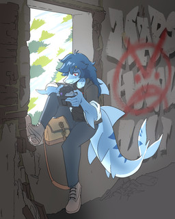 5_fingers anthro arm_fin big_tail blue_body blue_hair blue_scales boots bottomwear camera clothing denim denim_bottomwear denim_clothing detailed_background dorsal_fin eyelashes female fin fingers footwear graffiti grey_boots grey_clothing grey_footwear grey_jacket grey_topwear hair jacket jeans long_hair long_tail multicolored_body multicolored_scales pants purse red_eyes scales shoes sitting smile snout solo tail tail_fin topwear two_tone_body two_tone_scales sahara_congo_bongo valerie_(mellowcapsaicin) aquatic fish shark 2025 4:5 digital_drawing_(artwork) digital_media_(artwork) hi_res
