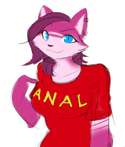 anthro blue_eyes breasts clothing ear_piercing female fur gesture hair hand_gesture looking_at_viewer multicolored_body multicolored_fur piercing pink_body pink_fur pink_hair pointing pointing_at_self solo text text_on_clothing two_tone_body two_tone_fur averyshadydolphin canid canine mammal 2015 character_request hi_res