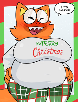 belly big_belly blush dialogue eyewear fangs female fur glasses hands_on_hips huge_belly orange_body orange_fur overweight overweight_female pajama_pants red_eyes sharp_teeth simple_background solo speech_bubble teeth crushpepper perilla_(crushpepper) felid feline mammal hi_res tagme