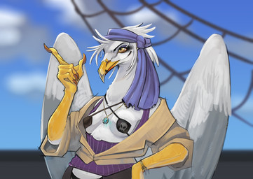 anthro beak claws clothing corset eye_patch eyewear female gem jewelry kerchief lingerie membrane_(anatomy) pirate ship solo topwear vehicle watercraft webbed_hands wings xonn avian bird gull lari larid hi_res