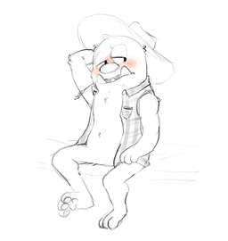 anthro blush clothing half-closed_eyes hand_behind_head hand_behind_own_head hand_on_leg hand_on_own_leg hat headgear headwear looking_away male narrowed_eyes pawpads sharp_teeth shy simple_background sitting sleeveless_shirt solo teeth topwear tusks white_background shaibey bugsnax young_horses wambus_troubleham grumpus 2022 digital_media_(artwork) hi_res procreate_(artwork) sketch
