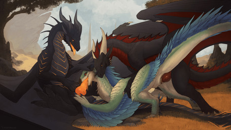 claws erection feathers feet female female_feral female_penetrated feral feral_on_feral feral_penetrated feral_penetrating feral_penetrating_feral fingers genitals group horn knot male male/female male_feral male_penetrating male_penetrating_female outside penetration penile penile_penetration penis penis_in_mouth penis_in_vagina sex smile tail teeth toes tongue trio vaginal vaginal_penetration vulva wings veoros capcom monster_hunter mythology novax_(ragnarok) syranoth_emberscale bird_wyvern dragon mythological_creature mythological_scalie scalie seikret 16:9 2025 4k absurd_res digital_drawing_(artwork) digital_media_(artwork) hi_res widescreen