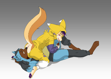 anal anthro anus barbell_piercing belly big_belly black_hair black_nose brown_body brown_fur brown_penis circular_barbell_piercing clothed clothing duo erection facesitting facial_piercing fangs fur genitals gradient_hair hair handjob handjob_while_facesitting head_tuft humanoid_genitalia humanoid_penis kneeling lying male male_anthro messy_hair multicolored_hair nose_piercing on_back onesie open_mouth oral orange_body orange_eyes orange_fur pawpads penile penis piercing pink_anus pink_tongue purple_eyes purple_hair purple_pawpads reverse_facesitting rimmee_giving_handjob rimmer_receiving_handjob rimming septum_circular_barbell septum_piercing sex side_view sitting sitting_on_another tan_body tan_fur teeth tongue tongue_out tuft two_tone_hair white_body white_fur nononge bandai_namco digimon nintendo pokemon bearphones dubsthefox bear canid canine digimon_(species) fennec_fox fox generation_4_pokemon lucario mammal pokemon_(species) renamon true_fox absurd_res hi_res