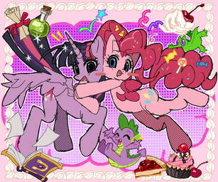 blush book candy cherry cupcake dessert duo female female/female feral flask food fruit horn hug pastry pie plant scroll sparkles wings jwnn friendship_is_magic hasbro my_little_pony mythology gummy_(mlp) pinkie_pie_(mlp) spike_(mlp) twilight_sparkle_(mlp) alligator alligatorid crocodilian dragon earth_pony equid equine horse mammal mythological_creature mythological_equine mythological_scalie pony reptile scalie winged_unicorn 6:5 hi_res