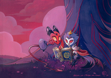 4_eyes 4_fingers anthro beak black_beak book bottomless bottomless_anthro bottomwear clothed clothing cloud crown duo feather_hair feathers feet fingers forehead_mark grass grey_body grey_feathers headgear heart_(marking) horn looking_down male markings multi_eye open_mouth open_smile outside pants plant pseudo_hair pupils reading reading_book red_body red_eyes red_sclera sitting sky slit_pupils smile spade_tail striped_horn stripes tail tail_feathers talons text toes tongue tree yellow_sclera young young_anthro young_male oya_ani_fanart hellaverse helluva_boss blitzo_(helluva_boss) stolas_(helluva_boss) avian bird demon demon_humanoid horned_humanoid humanoid imp owl owl_demon artist_name hi_res painting_(artwork) signature watercolor_(artwork)