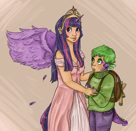 alternate_species backpack breasts clothed clothing crown duo feathered_wings feathers female fur green_eyes green_hair hair headgear horn humanized looking_at_viewer looking_up male multicolored_hair princess purple_body purple_eyes purple_fur purple_hair royalty smile tiara two_tone_hair wings flyte friendship_is_magic hasbro my_little_pony mythology spike_(mlp) twilight_sparkle_(mlp) equid equine horse human hybrid mammal mythological_creature mythological_equine pony reptile scalie winged_unicorn 2013 hi_res