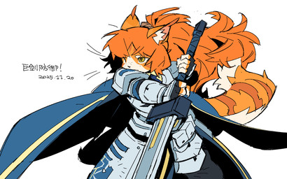 5_fingers alternate_species ambiguous_gender anthro armor armor_plates big_sword big_weapon black_bottomwear black_clothing blue_cloak blue_clothing bottomwear brown_eyes cloak clothing fingers fluffy fluffy_tail fur furrification gauntlets gloves hair handwear inner_ear_fluff markings orange_body orange_fur orange_hair ponytail silver_(metal) silver_armor solo striped_markings striped_tail stripes tail tail_markings text tuft white_body white_face white_fingers white_fur white_inner_ear_fluff zwei_association zweihander kgdjeisk limbus_company project_moon ishmael_(limbus_company) domestic_cat felid feline felis mammal 16:10 2025 chinese_text dated hi_res widescreen female_(lore)
