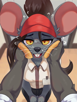 anthro anthro_focus bent_whiskers black_nose bodily_fluids breasts brown_hair buckteeth burger_bun clothed clothed_anthro clothed_female clothing disembodied_hand duo fast_food_employee female female_anthro female_focus fur grey_body grey_fur hair high-angle_view looking_at_viewer open_mouth solo_focus sweat sweatdrop teeth whiskers yellow_eyes liet4649 idiot_sandwich ratricia_(el-k) mammal mouse murid murine rodent 2025 digital_media_(artwork) hi_res