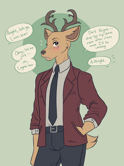 anthro antlers belt blush blush_lines bodily_fluids bottomwear brown_body brown_fur clothed clothing collared_shirt cuffs_(clothing) dialogue dress_pants dress_shirt facial_tuft fur green_background hand_in_pocket horn jacket looking_at_viewer male necktie pants pockets rolled_up_sleeves shirt simple_background solo speech_bubble sweat tail teeth text topwear tuft mutedlavender beastars louis_(beastars) cervine deer mammal red_deer 3:4 hi_res portrait three-quarter_portrait