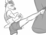 action_pose anthro athletic athletic_anthro athletic_female bottomwear butt clothed clothing female fight fur hair kickboxing pose punching_bag shorts solo sport nicnak044 deer mammal digital_media_(artwork) monochrome sketch