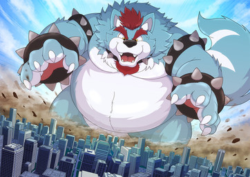 anthro belly big_moobs blue_body blue_fur bracelet city collar eyebrows fangs fur hair horn jewelry macro male markings moobs orange_eyes overweight overweight_male rampage red_hair solo spiked_bracelet spiked_collar spikes striped_markings striped_tail stripes tail tail_markings teeth thick_eyebrows white_body white_fur wolfser shikizshigls mario_bros nintendo ryan_(freazzy) canid canine canis koopa mammal scalie wolf