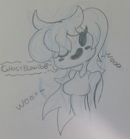 blush breasts dialogue eyelashes female hair not_furry one_eye_closed smile solo speech_bubble text wink thompson-vonjung spooky's_jump_scare_mansion spooky_(sjm) ghost humanoid spirit black_and_white english_text monochrome traditional_media_(artwork)