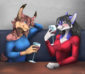 5_fingers anthro blue_eyes breasts brown_hair bubble clothed clothing drunk drunk_bubble duo eyebrows eyelashes female fingers hair smile substance_intoxication akira_volfsar lyn_(thatsaurguy) marcela canid canine felid feline lynx mammal 2022 digital_media_(artwork) hi_res