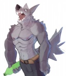 abs anthro belt biceps bottomwear clothed clothing fangs fur grey_body grey_fur male muscular muscular_anthro muscular_male nipples open_mouth pants pecs simple_background solo standing teeth topless white_background cuson canid canine canis mammal wolf 2016