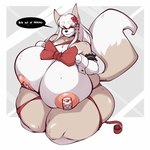 1:1 accessory anthro big_breasts bow_(disambiguation) bow_(feature) breasts canid canine canis chito-nii dialogue female flower flower_in_hair fur gin-blade grey_body grey_fur hair hair_accessory hi_res huge_breasts hyper hyper_breasts kneeling mammal plant ribbons smile solo white_body white_fur white_hair wolf