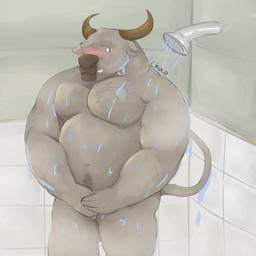 anthro bath biceps big_muscles blush brown_nose covering covering_crotch covering_self embarrassed horn male musclegut muscular muscular_anthro muscular_male nipples nude shower shower_head simple_background smile solo tattoo teeth water chococlass bovid bovine mammal true_buffalo water_buffalo 1:1 hi_res