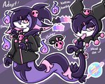 anthro bone bracelet clothing collar female hair hoodie jacket jewelry pink_eyes purple_body purple_hair skull solo text topwear lewdchuu_(artist) nintendo onegai_my_melody pokemon sanrio kuromi demon generation_5_pokemon pokemon_(species) serperior english_text hi_res model_sheet