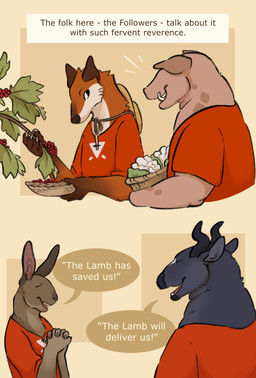 2_horns anthro berry brown_body brown_fur clothing dialogue food fruit fur holding_object horn male male_anthro orange_body orange_fur plant red_clothing talking_to_another text white_body white_fur bogcreacher cult_of_the_lamb massive_monster_(studio) canid canine domestic_pig fox lagomorph leporid mammal rabbit red_fox suid suine sus_(pig) true_fox 2025 absurd_res digital_drawing_(artwork) digital_media_(artwork) english_text hi_res