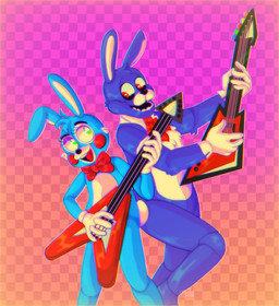 5_fingers anthro black_nose blue_body blue_fur bow_tie clothing dipstick_ears duo ear_markings electric_guitar eyelashes eyeshadow fingers freckles fur gloves guitar handwear head_tuft machine makeup male multicolored_ears musical_instrument open_mouth open_smile plucked_string_instrument purple_body purple_fur red_cheeks smile standing string_instrument teeth tongue tuft white_body white_fur imd0g five_nights_at_freddy's five_nights_at_freddy's_2 scottgames bonnie_(fnaf) toy_bonnie_(fnaf) animatronic lagomorph leporid mammal rabbit robot 2020 hi_res