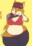 anthro belly big_breasts black_nose bra breasts brown_body brown_clothing brown_eyes brown_fur brown_hat brown_headwear cleavage clothed clothing clothing_lift exposure_variation female fur gloves_(marking) hat headgear headwear lingerie lingerie_panties markings navel one_eye_closed overweight overweight_anthro overweight_female panties partially_clothed red_bra red_clothing red_underwear shirt shirt_lift simple_background skindentation thick_thighs three-quarter_view tongue tongue_out topwear underwear white_belly wink yellow_background toonarscontent dogelore mcdonald's doge holly_avenue canid canine canis domestic_dog mammal shiba_inu spitz absurd_res hi_res meme signature