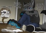 4_fingers 4_toes all_fours annoyed anthro anthro_on_anthro arm_on_leg arm_tuft asking back_markings barefoot big_tail biped black_claws black_clothing black_ears black_eyebrows black_footwear black_hands black_markings black_nose black_paws black_shirt black_shoes black_spots black_stripes black_text black_tongue black_topwear blue_bottomwear blue_clothing blue_jeans blue_nose blue_pants blue_pawpads blue_sclera blue_tongue bodily_fluids bored bottomwear bulge bully bullying cheek_tuft chest_tuft claws close-up clothed clothing crawl crawling crossed_arms crossed_legs cutaway denim denim_bottomwear denim_clothing dialogue dipstick_tail dirty discarded_shoes discarded_sock doorframe drenched dripping dripping_wet duo ear_tuft ellipsis exclamation_point exhausted eyebrows facial_markings facial_piercing facial_tuft fangs feet femboy feminine finger_claws fingers fluffy fluffy_tail fog foot_fetish foot_focus foot_play footprint footwear fur fur_markings fur_tuft gloves_(marking) grey_body grey_fur grey_hair grey_inner_ear grey_inner_ear_fluff grey_text grey_tuft hair half-closed_eyes hand_on_own_arm head_markings head_tuft inner_ear_fluff inside insult interspecies jeans larger_anthro larger_male long_hair looking_at_another looking_away looking_down looking_forward macro macro_anthro male male/male markings micro micro_abuse micro_anthro micro_on_macro mottled mottled_hands mottled_nose mottled_pawpads multicolored_body multicolored_fur musk musky_paws narrowed_eyes nose_piercing nude on_ground open_mouth pants pawpads pawprint paws piercing pink_eyes profanity purple_eyes question question_mark questioning raised_eyebrow raised_paw septum_piercing shirt shoes shoulder_tuft side_view sitting sitting_on_ground size_difference size_play sleeveless_shirt smaller_anthro smaller_male smell smelly smelly_feet smelly_shoes socks soiled speech_bubble spots steam steaming steaming_body steamy_feet steamy_shoes striped_body striped_fur stripes sweat sweat_drip sweat_fetish sweat_pool sweat_stain sweatdrop sweaty_body sweaty_fur sweaty_paws tail tail_markings teeth text three-quarter_view tired toes tongue topwear tuft two_tone_body two_tone_fur warm wet wet_body wet_fur white_body white_ears white_fur white_inner_ear white_inner_ear_fluff white_tuft lennox lennox_(lennox) smile_(kiaren) canid canine fox mammal mephitid red_fox silver_fox skunk true_fox 2024 colored digital_drawing_(artwork) digital_media_(artwork) english_text hi_res line_art shaded url watermark nonbinary_(lore)