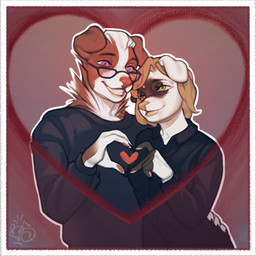 anthro blush brown_body brown_fur clothed clothed_female clothed_male clothing collaborative collaborative_gesture collaborative_heart_gesture duo eyelashes eyewear female female_anthro fingers fur gesture glasses hair heart_gesture heart_symbol heterochromia holidays male male/female male_anthro multicolored_body multicolored_fur simple_background smile wearing_glasses white_body white_fur blumenseele valentine's_day eldridge_moran marta_moran border_collie canid canine canis collie domestic_dog herding_dog mammal pastoral_dog sheepdog 1:1 absurd_res digital_media_(artwork) hi_res