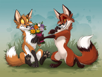 allergy ambiguous_gender bedroom_eyes bouquet claws dipstick_tail duo ears_up feral flirting flirting_look flower fluffy fluffy_tail fur grass markings narrowed_eyes oh_crap orange_body orange_fox orange_fur outside paintbrush_tail pawpads plant red_body red_fur seductive sitting smile tail tail_markings white_body white_fur white_tail_tip conditional_dnp tani_da_real canid canine canis fox mammal red_fox true_fox