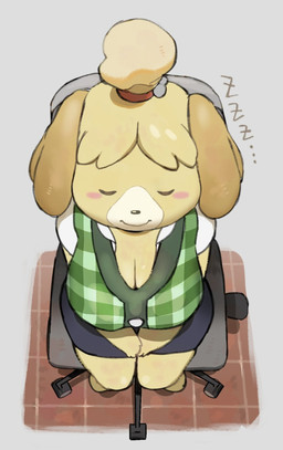 accessory anthro bell_accessory big_breasts black_bottomwear black_clothing black_nose black_skirt blonde_hair blush blush_stickers bottomwear breasts button_(fastener) cardigan chair cleavage closed_smile clothed clothing eyes_closed female floor floppy_ears fur furniture green_clothing green_topwear grey_background hair hair_accessory hair_bun hairband hands_on_lap high-angle_view kemono mouth_closed office_chair pattern_clothing pattern_topwear pencil_skirt plaid plaid_clothing plaid_topwear simple_background skirt sleeping smile solo sound_effects tile tile_floor topwear vowelless vowelless_sound_effect white_face yellow_body yellow_fur zzz totonpe animal_crossing nintendo isabelle_(animal_crossing) canid canine canis domestic_dog mammal shih_tzu toy_dog 2025 hi_res